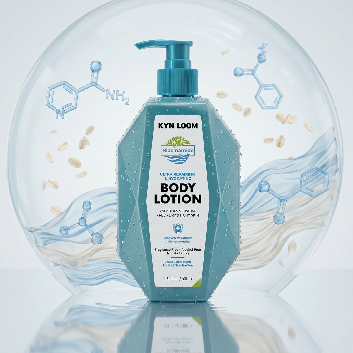Kyn Loom body lotion bottle with molecular structures and ingredients on a light blue background
