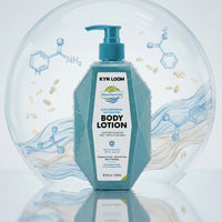 Kyn Loom body lotion bottle with molecular structures and ingredients on a light blue background