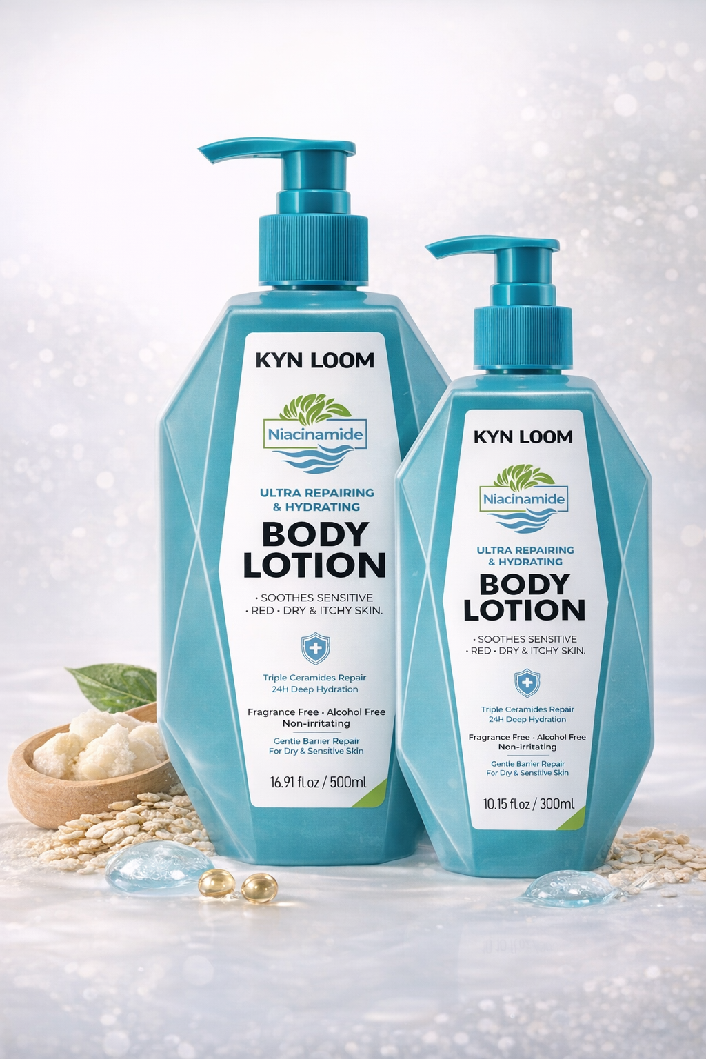 Two bottles of Kyn Loom body lotion on a light background