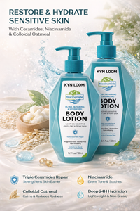 Two bottles of Kyn Loom body lotion with product details on a natural background.