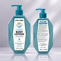 Two bottles of KYN LOOM body lotion on a reflective surface with a light gray background