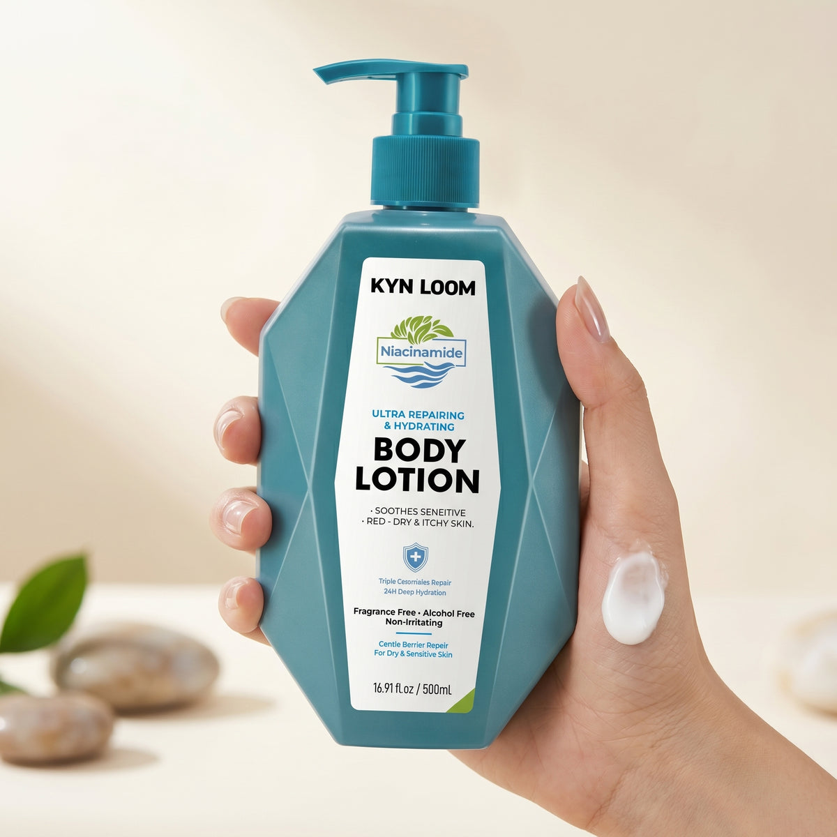 Hand holding a bottle of Kyn Loom body lotion with a blurred background