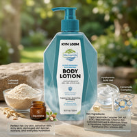 KYN LOOM body lotion bottle with ingredients displayed on a natural background