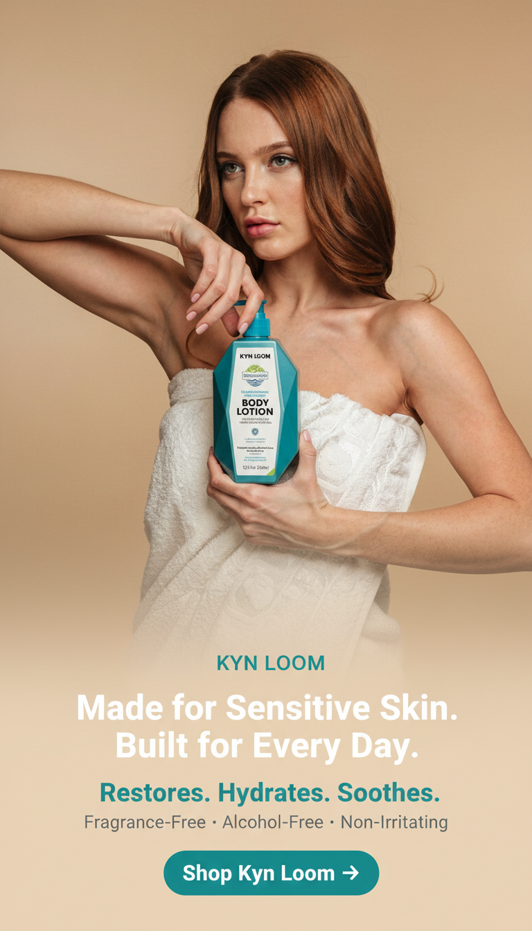 Woman holding a bottle of Kyn Loom body wash against a beige background