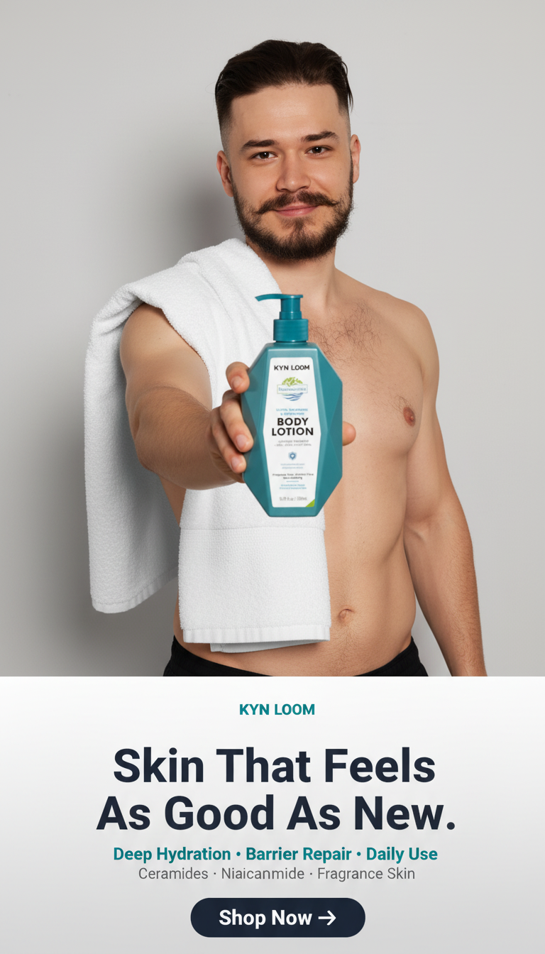 Man holding a bottle of KYN LOOM body lotion with promotional text on a gray background