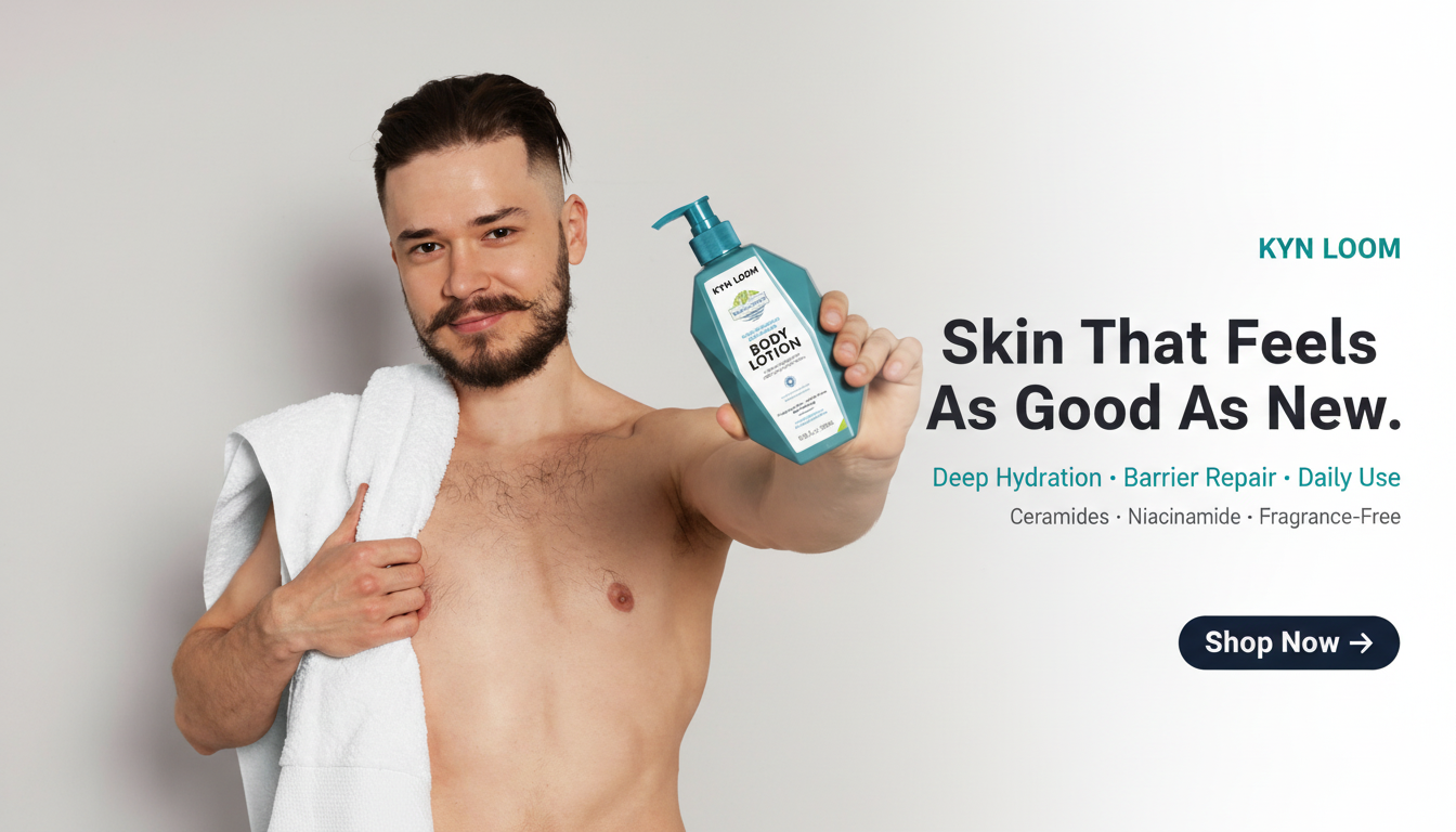 Man holding a bottle of Kyn Loom body wash with promotional text on a light gray background