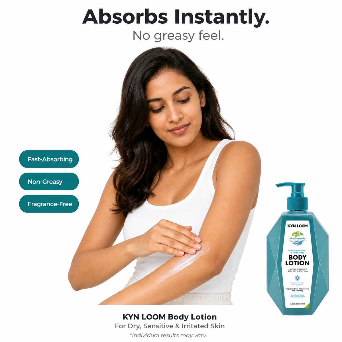 Woman applying KYN LOOM body lotion with product on the side