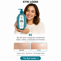 Woman holding a Kyn Loom body lotion bottle with before and after skin comparison on a white background.