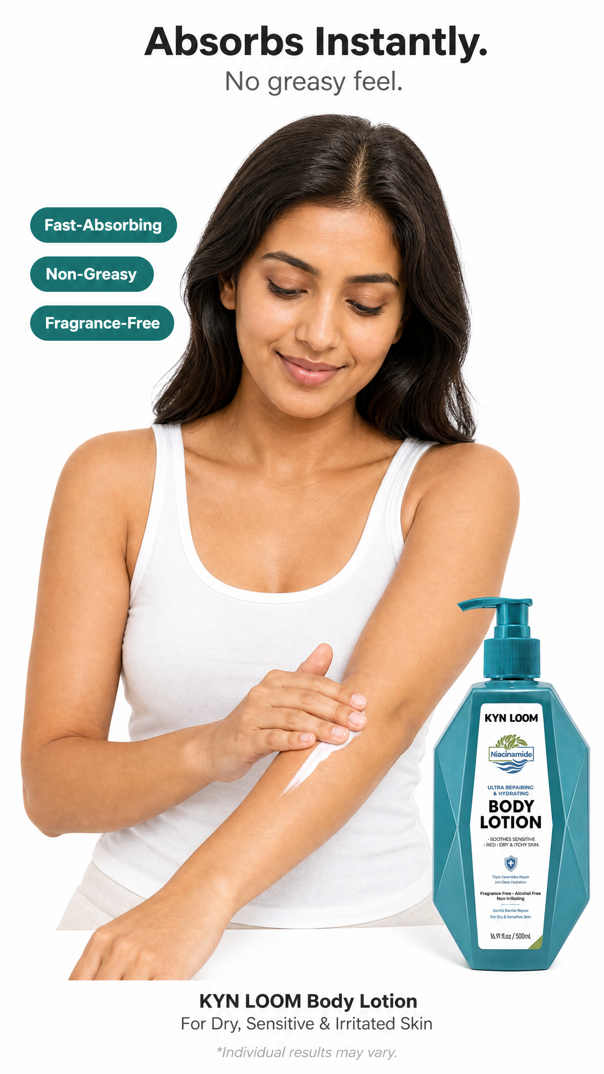 Woman applying KYN LOOM Body Lotion to her arm with product packaging displayed.