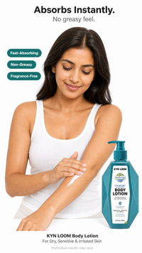Woman applying KYN LOOM Body Lotion to her arm with product packaging displayed.