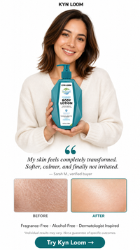 Woman holding a Kyn Loom body lotion bottle with before and after skin texture images.