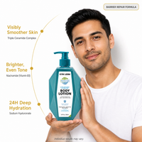 Man holding a bottle of Kyn Loom body lotion with product features highlighted.
