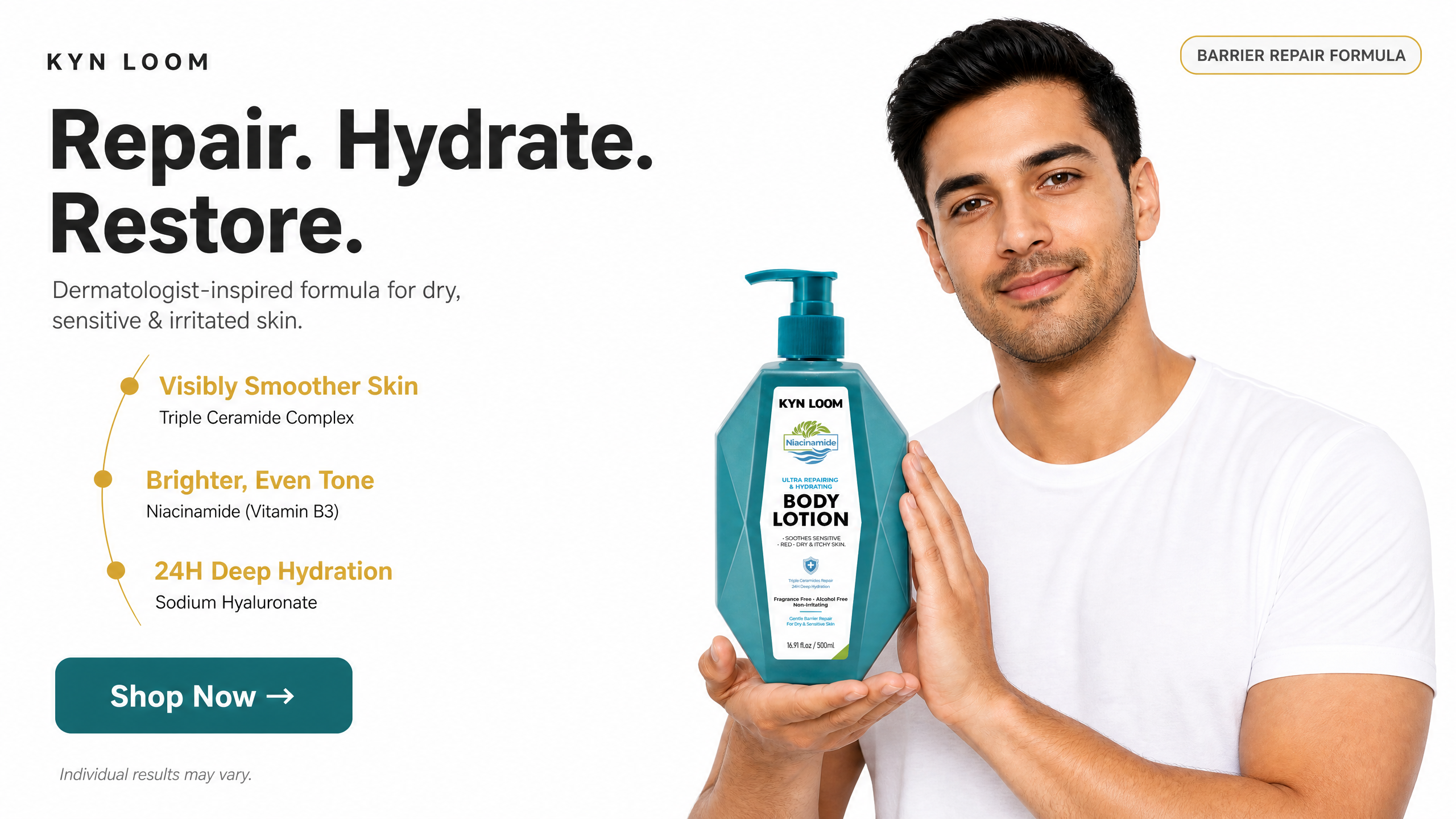 Man holding a Kyn Loom body lotion bottle with product details on a white background