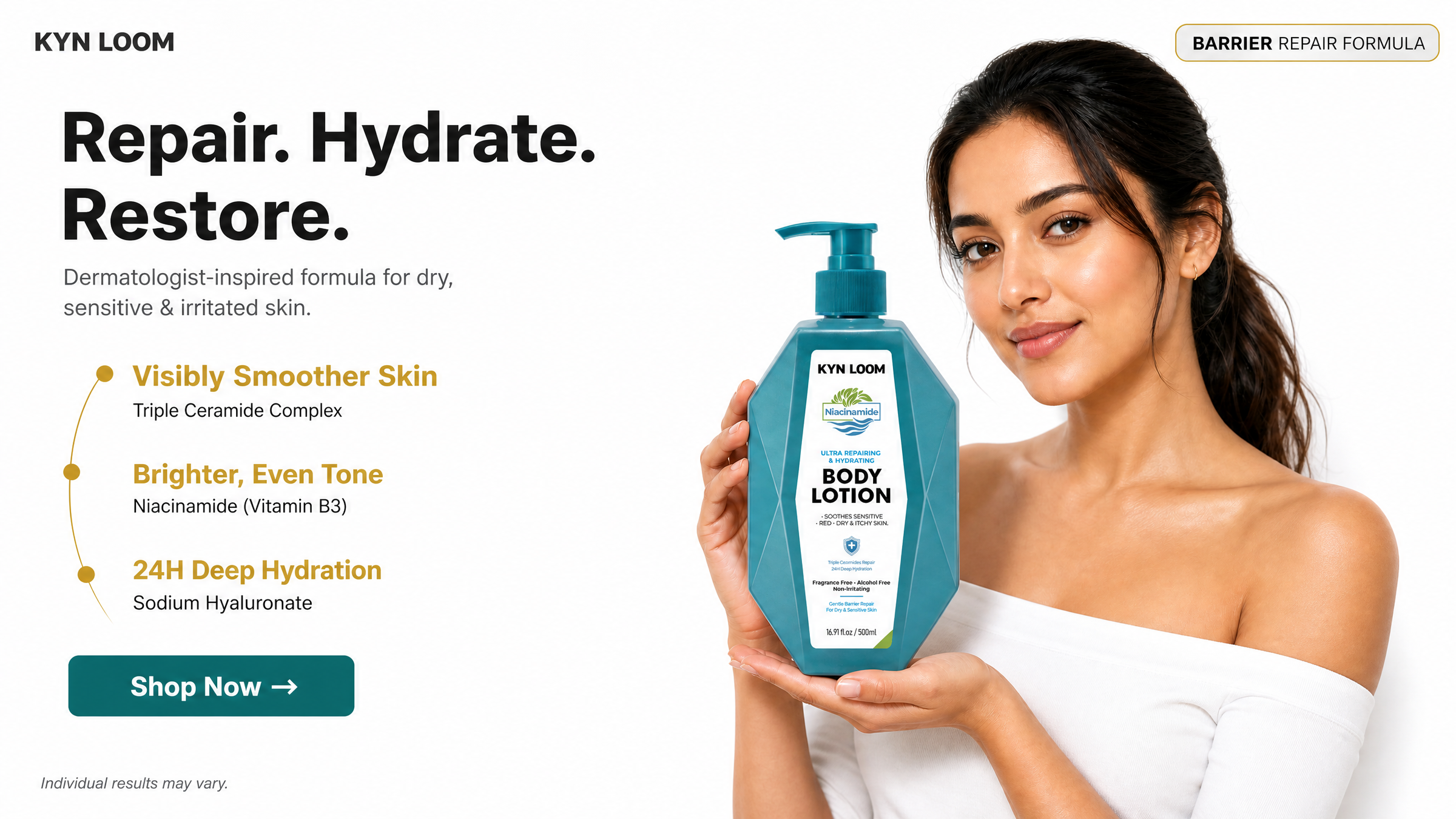 Woman holding a bottle of KYN LOOM body lotion with product details on a white background