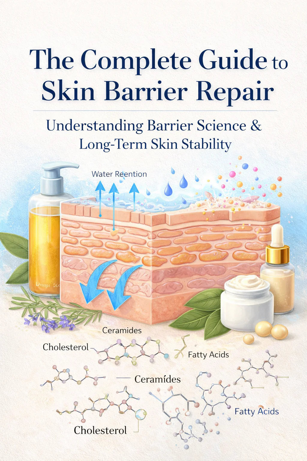 Book cover of 'The Complete Guide to Skin Barrier Repair' with illustrations of skin barrier and skincare products.